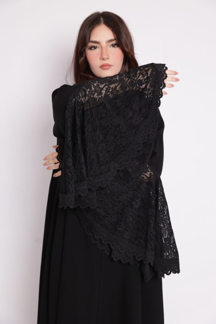 Black balloon abaya with wide lace sleeves - Image 5