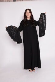 Black balloon abaya with wide lace sleeves