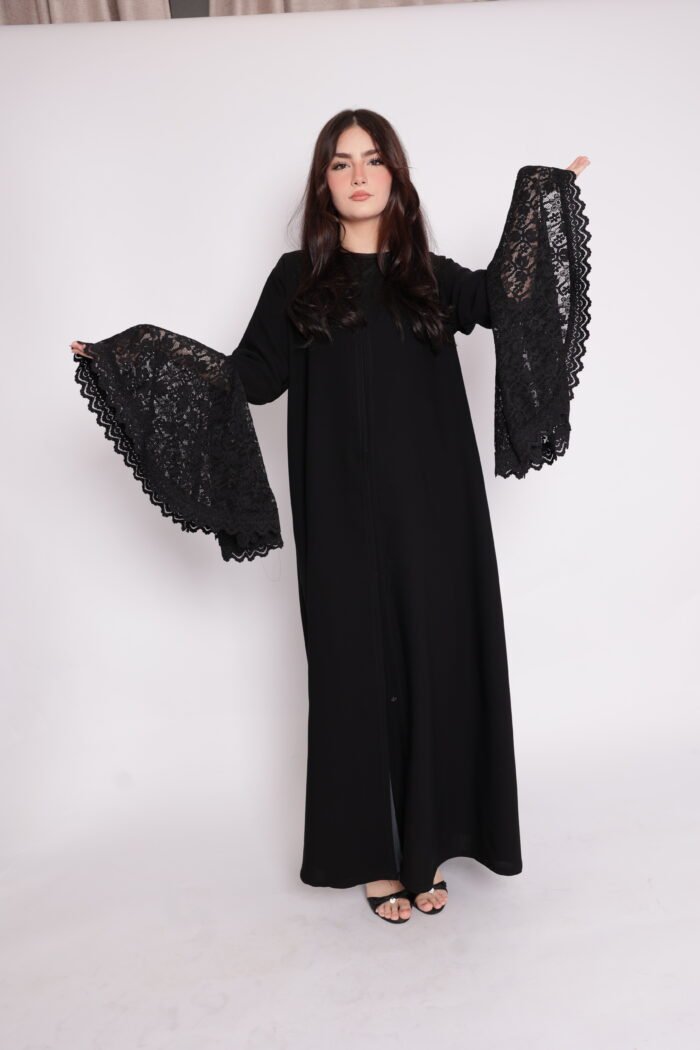 Black balloon abaya with wide lace sleeves - Image 1