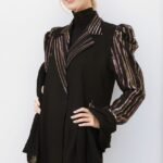 Luxurious black crepe abaya with shiny embroidery and prominent shoulder