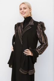 Luxurious black crepe abaya with shiny embroidery and prominent shoulder