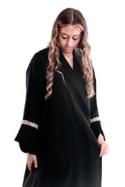 Abaya decorated with pink beads, royal crepe design, formal collar