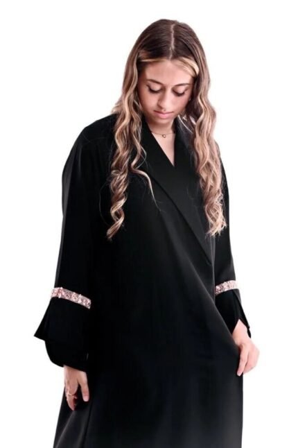Abaya decorated with pink beads, royal crepe design, formal collar