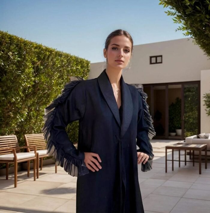 Abaya with shiny tulle and transparent sleeves with a luxurious linen design - Image 2