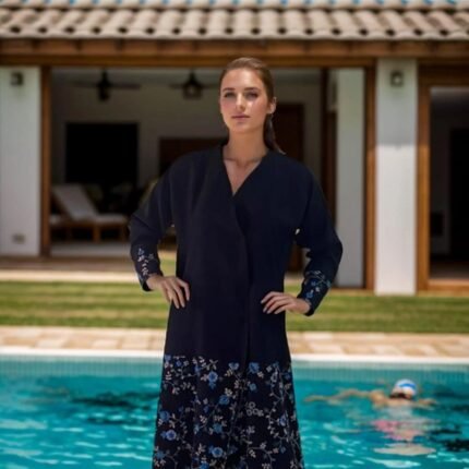 Dark navy embroidered abaya with elegant crepe material