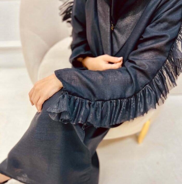 Abaya with shiny tulle and transparent sleeves with a luxurious linen design - Image 3