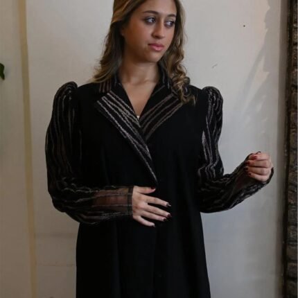 Luxurious black crepe abaya with shiny embroidery and prominent shoulder