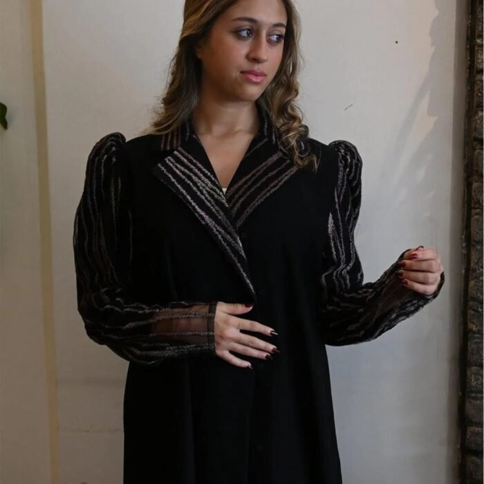 Luxurious black crepe abaya with shiny embroidery and prominent shoulder - Image 1