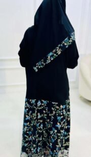 Dark navy embroidered abaya with elegant crepe material - Image 3