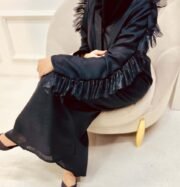 Abaya with shiny tulle and transparent sleeves with a luxurious linen design - Image 4