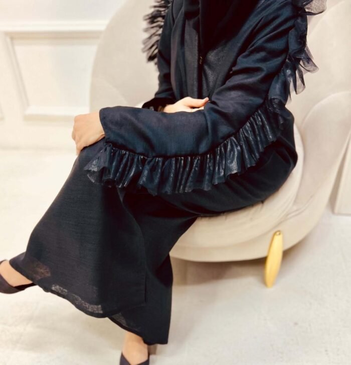 Abaya with shiny tulle and transparent sleeves with a luxurious linen design - Image 4