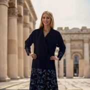 Dark navy embroidered abaya with elegant crepe material - Image 2