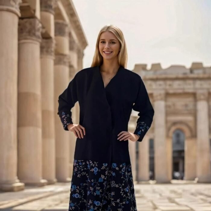 Dark navy embroidered abaya with elegant crepe material - Image 2